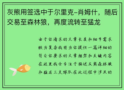 灰熊用签选中于尔里克-肖姆什，随后交易至森林狼，再度流转至猛龙
